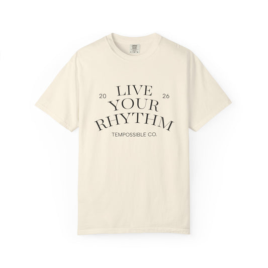 Live Your Rhythm T‑Shirt — Graphic Tee with Metronome Back Accent