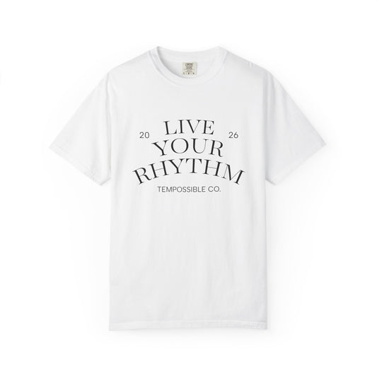 Live Your Rhythm T‑Shirt — Graphic Tee with Metronome Back Accent